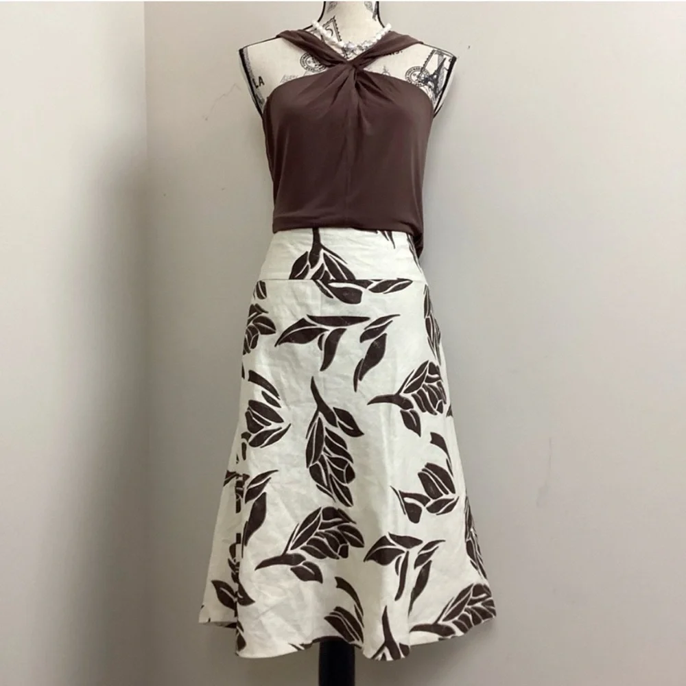 🤎 H&M Brown & Ivory Leaf Print Lined Linen A-Line Skirt Women’s Size 6 - Picture 4 of 16